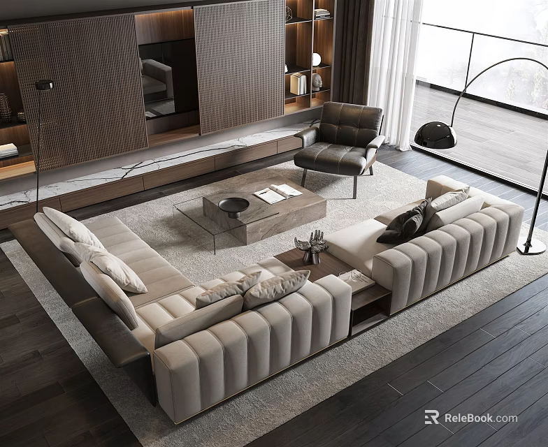 Modern Living Room Interior Design With Sectional Sofa Coffee Table And Floor Lamp 3d model 