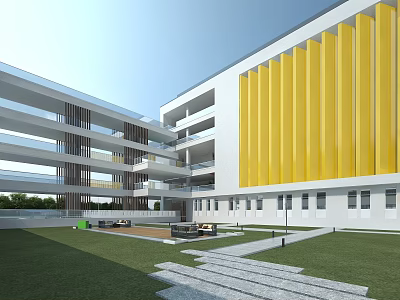 Modern School Building With Yellow Vertical Panels Multi Storey Courtyard Green Lawn And Stone Path 3d model