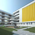 Modern School Building With Yellow Vertical Panels Multi Storey Courtyard Green Lawn And Stone Path