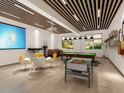 Leisure Area Interior With Projector Screen Piano Sofa Pool Table And Foosball Table 3d model