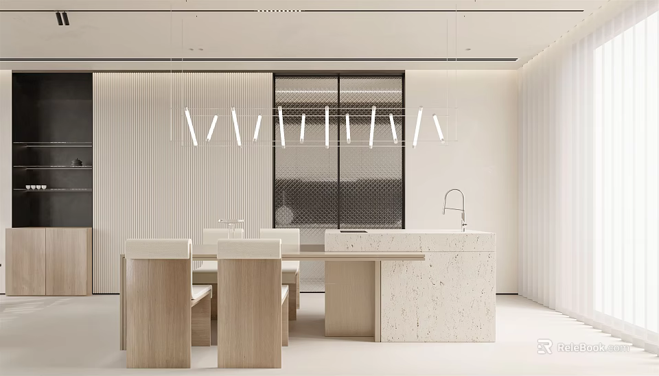 Modern Minimalist Dining Room Interior Design With Wooden Table Chairs And Marble Countertop 3d model 