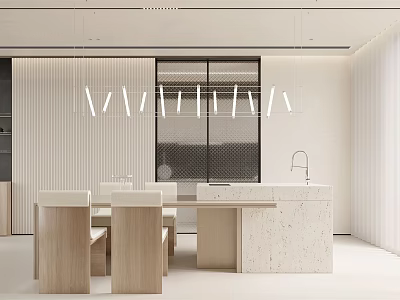 Modern Minimalist Dining Room Interior Design With Wooden Table Chairs And Marble Countertop 3d model