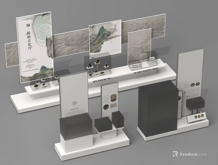 White Modern Display Shelves For Exhibition With Ceramic Products And Posters 3d model 