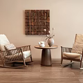 Cozy Rocking Chairs with Wooden Patchwork Art Round Table Vase Flowers Beige Wall Wooden Floor
