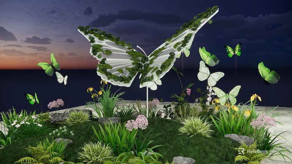 Stunning Butterfly Sculpture Photo Spot With Green Plants Flowers And Sunset Sky 3d model 