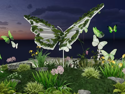 Stunning Butterfly Sculpture Photo Spot With Green Plants Flowers And Sunset Sky 3d model
