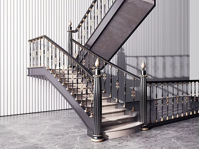 Elegant Modern Staircase Design With Black Metal Railings Gold Accents And Marble Steps 3d model