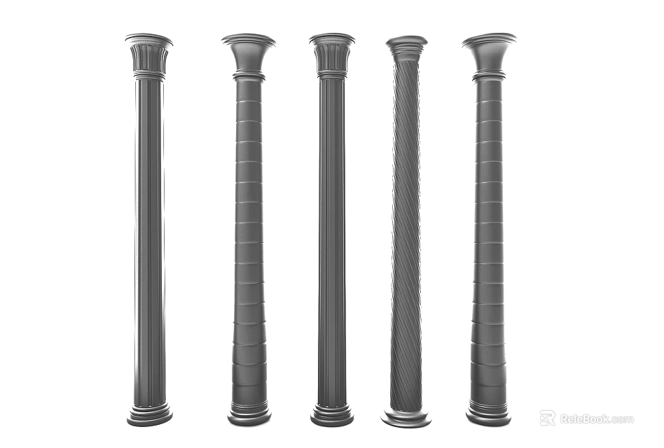Decorative Classical Columns With Various Textured Designs And Ornate Tops 3d model