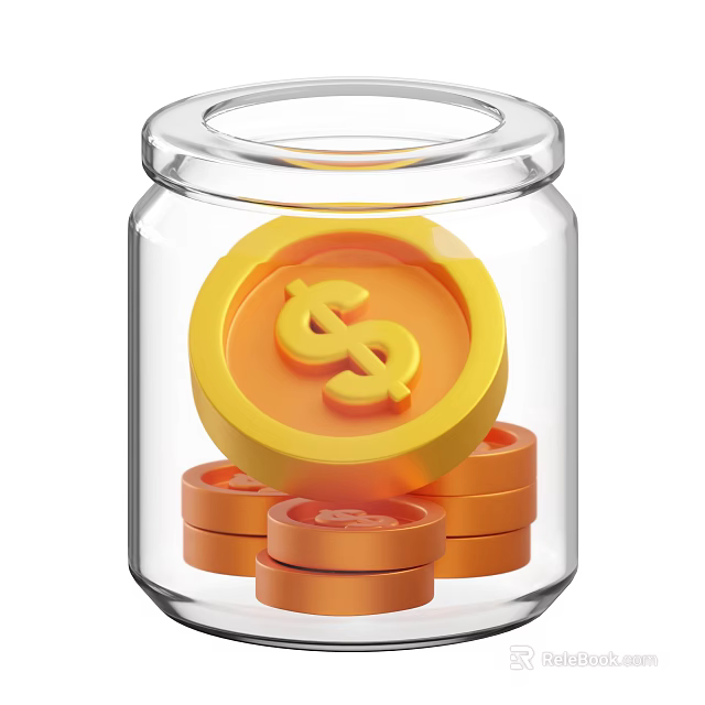 Decorative Ornament Set with Transparent Glass Jar Yellow Dollar Sign Coin and Stacked Orange Coins 3d model 