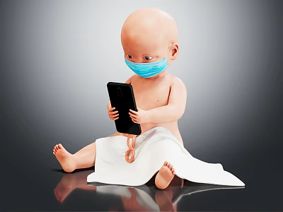 Baby Wearing Blue Mask Sitting On Floor With Black Phone And White Towel 3d model
