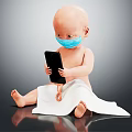 Baby Wearing Blue Mask Sitting On Floor With Black Phone And White Towel