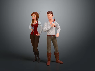 Two Animated Female and Male Characters in Medieval Attire Holding Sword Standing Together 3d model