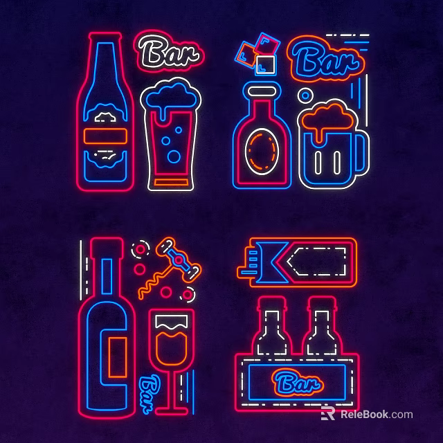 Neon Decorative Lights With Beer Bottles Wine Glasses And Bar Elements 3d model 