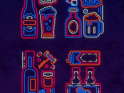Neon Decorative Lights With Beer Bottles Wine Glasses And Bar Elements 3d model