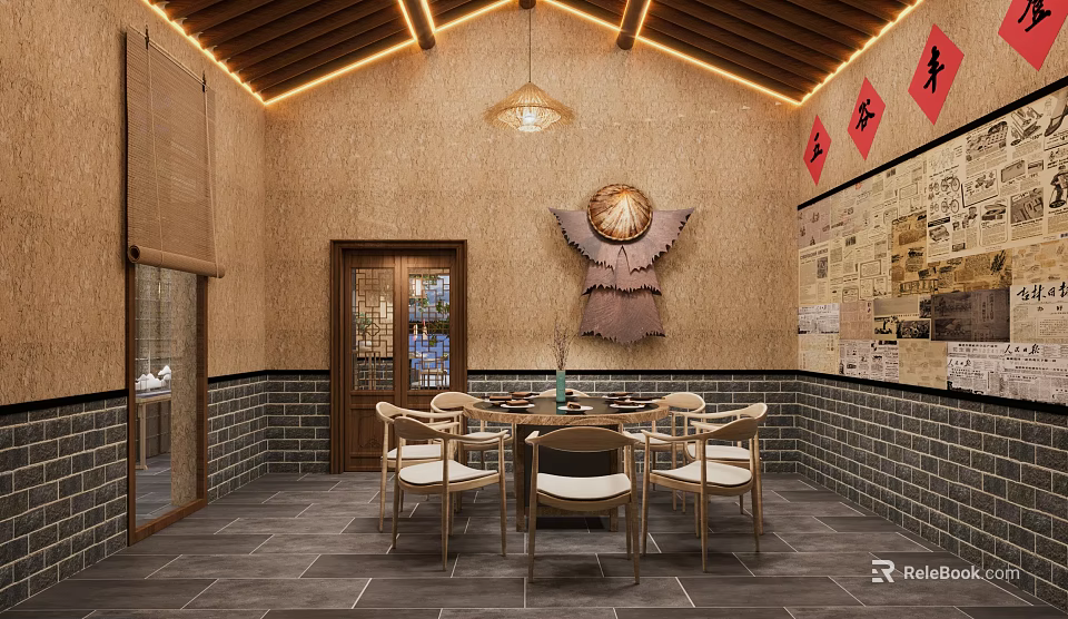 Traditional Chinese Private Dining Room With Wooden Table Chairs And Brick Wall Decorations 3d model 