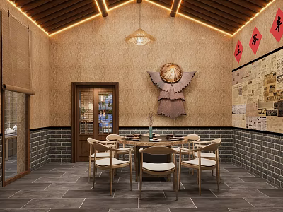 Traditional Chinese Private Dining Room With Wooden Table Chairs And Brick Wall Decorations 3d model