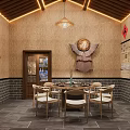 Traditional Chinese Private Dining Room With Wooden Table Chairs And Brick Wall Decorations