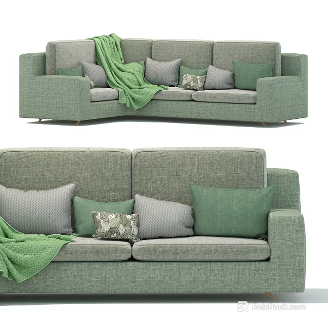 Modern Green Sectional Sofa With Decorative Pillows And Throw Blanket 3d model