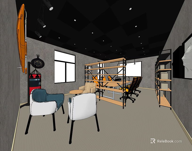 Modern Conference Room Interior With Meeting Tables Comfortable Chairs And Bookshelves 3d model 