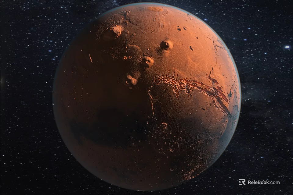 Red Planet Mars with Detailed Surface Features and Starry Space Background 3d model 