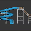 Blue Spiral Water Slide Structure With Wooden Railings And Metal Stairs