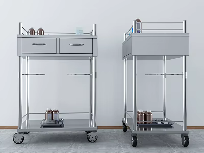 Two Mobile Stainless Steel Medical Equipment Carts with Drawers Shelves and Wheels 3d model