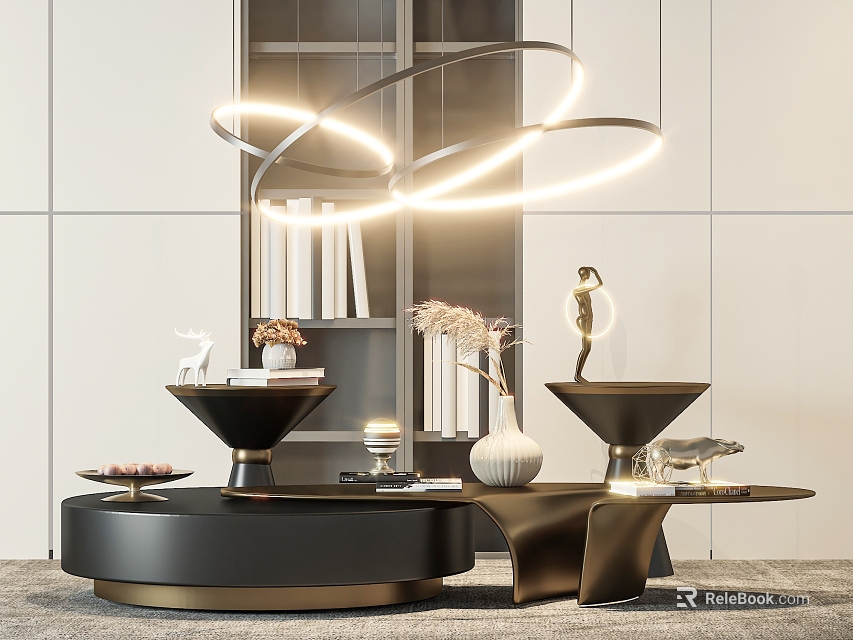 Modern Elegant Black Round Coffee Table With Gold Base Vase Sculpture And Chandelier 3d model 