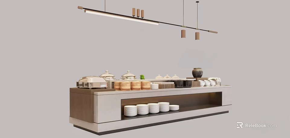 Restaurant Buffet Island Setup With Serving Bowls Dishes And Pendant Lighting 3d model 