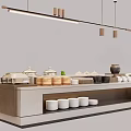 Restaurant Buffet Island Setup With Serving Bowls Dishes And Pendant Lighting