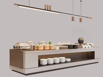 Restaurant Buffet Island Setup With Serving Bowls Dishes And Pendant Lighting 3d model