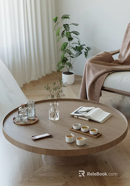 Round Wooden Coffee Table With Clear Glasses Plant Vase Open Book And Teacups 3d model 