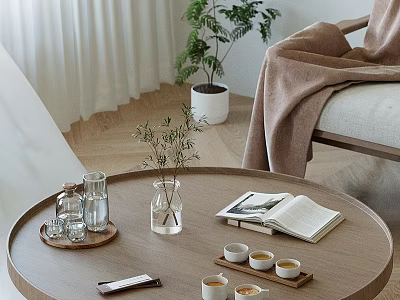 Round Wooden Coffee Table With Clear Glasses Plant Vase Open Book And Teacups 3d model