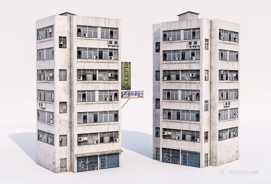 Two Multi Story Office Buildings With White Exterior Windows And Air Conditioners 3d model 