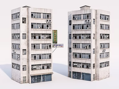 Two Multi Story Office Buildings With White Exterior Windows And Air Conditioners 3d model