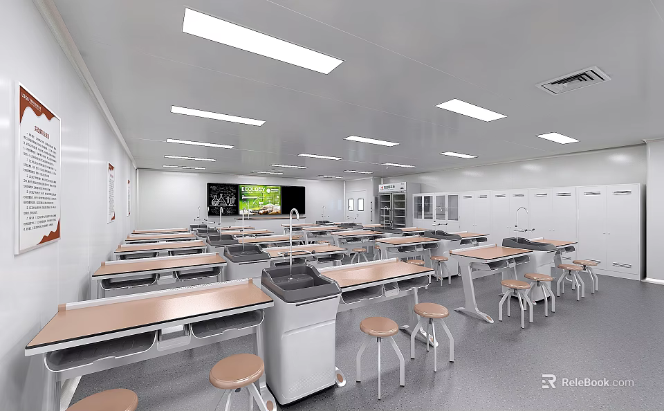 Modern Laboratory Interior With Lab Tables Stools Cabinets And Bright Ceiling Lighting 3d model