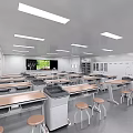 Modern Laboratory Interior With Lab Tables Stools Cabinets And Bright Ceiling Lighting 3d model