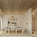 Hotel Guest Room Featuring Arched Ceiling Large Windows Mountain View Daybed Wooden Shelves Stone Flooring