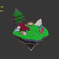 Floating Fantasy Island With Green Grass Red Trunk Tree White Stones And Decorations