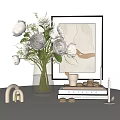 Transparent Vase With White And Light Pink Flowers Green Leaves Macarons Notepad And Wall Art