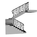 Modern Staircase With White Steps And Black Wrought Iron Railings With Curved Patterns