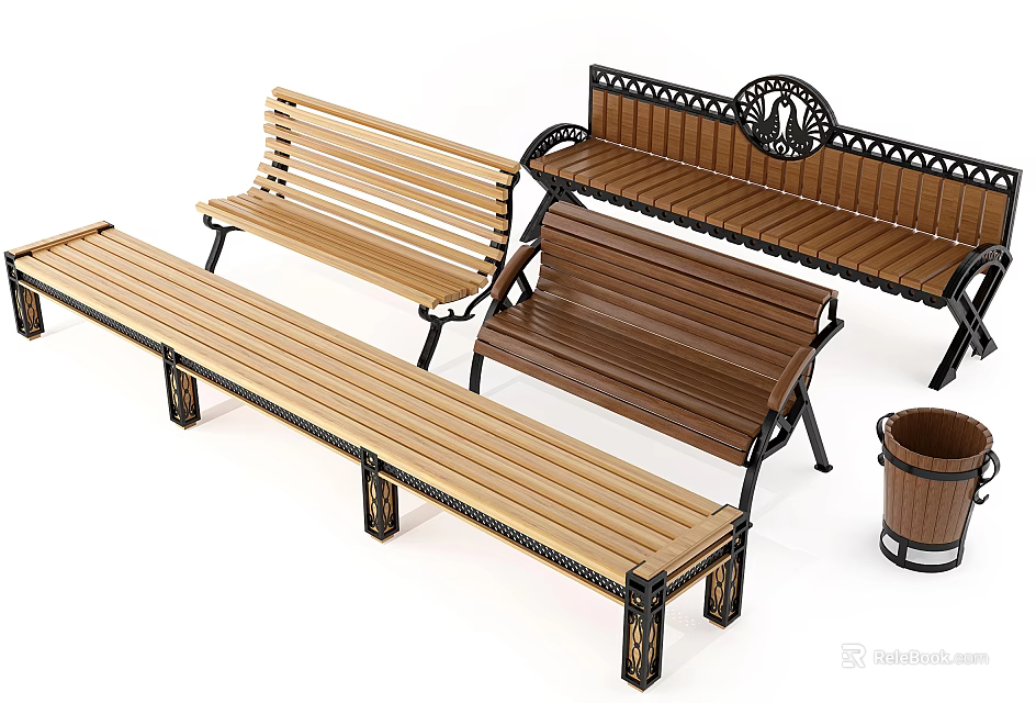 Variety Of Outdoor Benches With Wood And Metal Details 3d model 