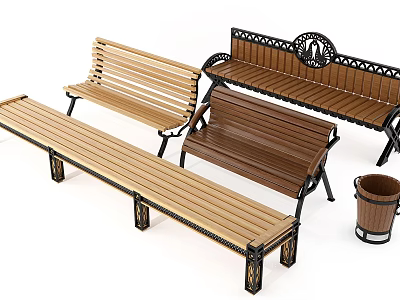 Variety Of Outdoor Benches With Wood And Metal Details 3d model