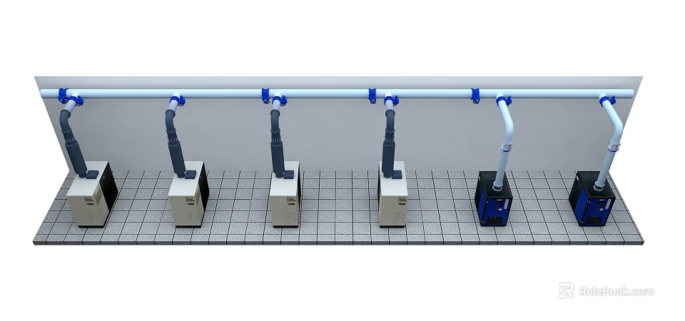 Industrial Equipment Units With Blue Pipes Arranged On Grid Surface 3d model 