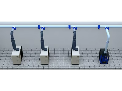 Industrial Equipment Units With Blue Pipes Arranged On Grid Surface 3d model