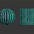 Turquoise And Blue Striped Spherical And Cylindrical Decorative Objects On Dark Reflective Surface