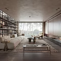 Modern Living Room Interior With Large Windows Bookshelves Sofa And Fireplace