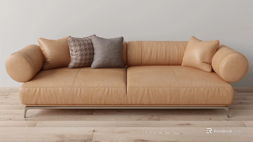 Tan Leather Two Seater Sofa with Accent Pillows on Light Wooden Floor Modern Decor 3d model 