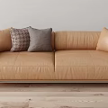 Tan Leather Two Seater Sofa with Accent Pillows on Light Wooden Floor Modern Decor