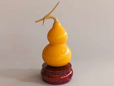 Yellow Gourd Sculpture With Curved Vine Decoration On Red Base 3d model