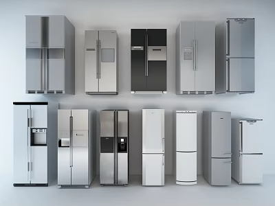 Different Types Of Refrigerators With Modern Door Designs Silver Black And White Colors 3d model